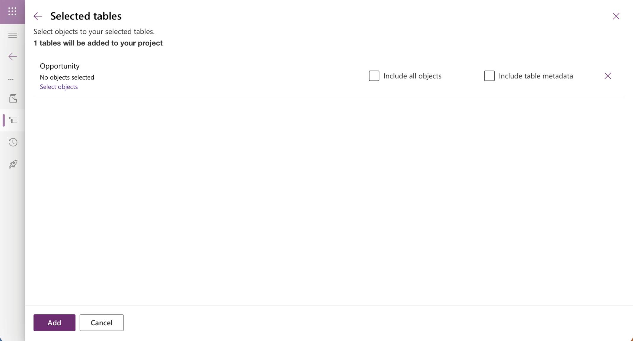 I clicked Add to add the table