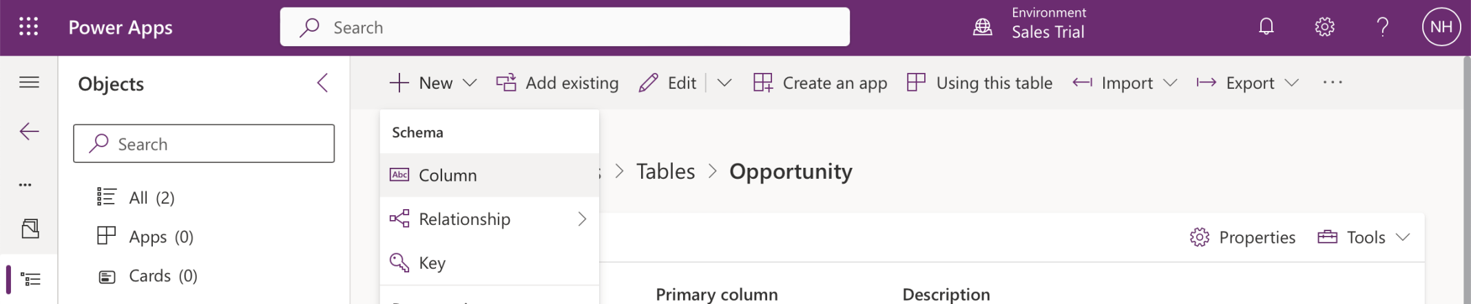 I clicked the + New button to add a column to the existing Opportunity table