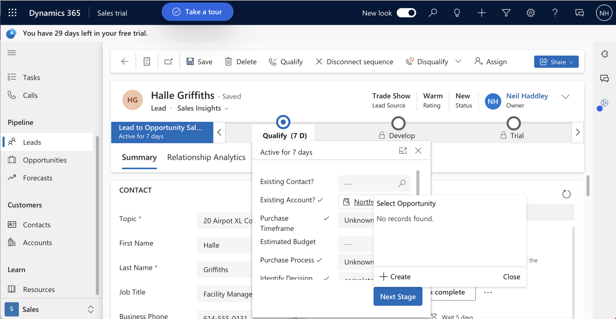 I opened an existing Lead and Clicked the Next Stage button to move from Qualify to Develop
