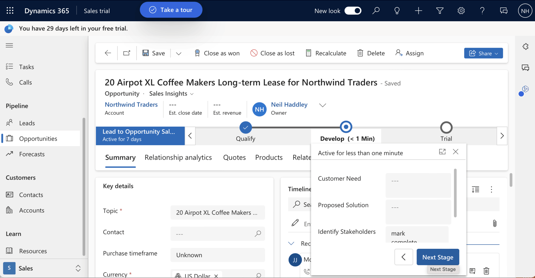 I clicked the Next Stage button to move the Business Process Flow from Develop to Trial