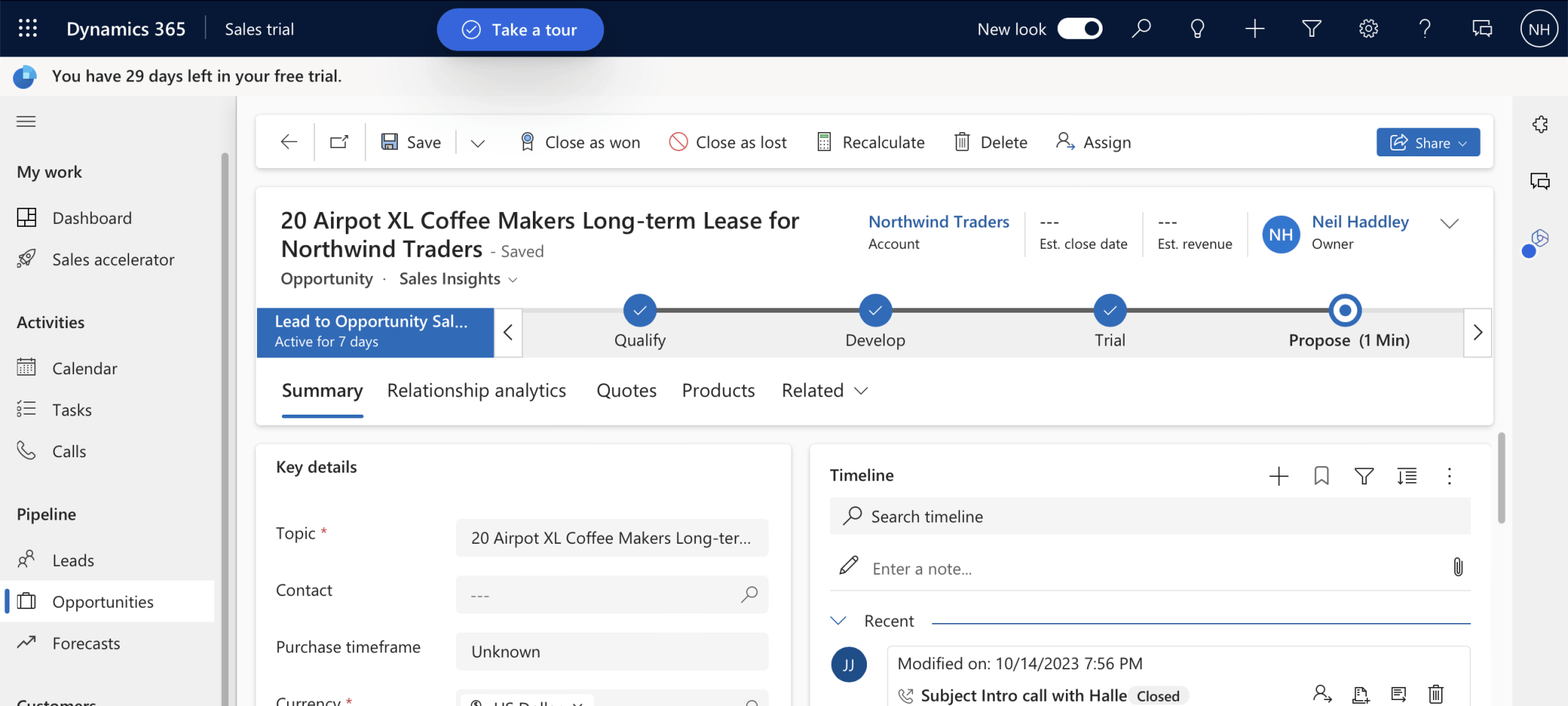 The Business Process Flow moved to the Propose Stage