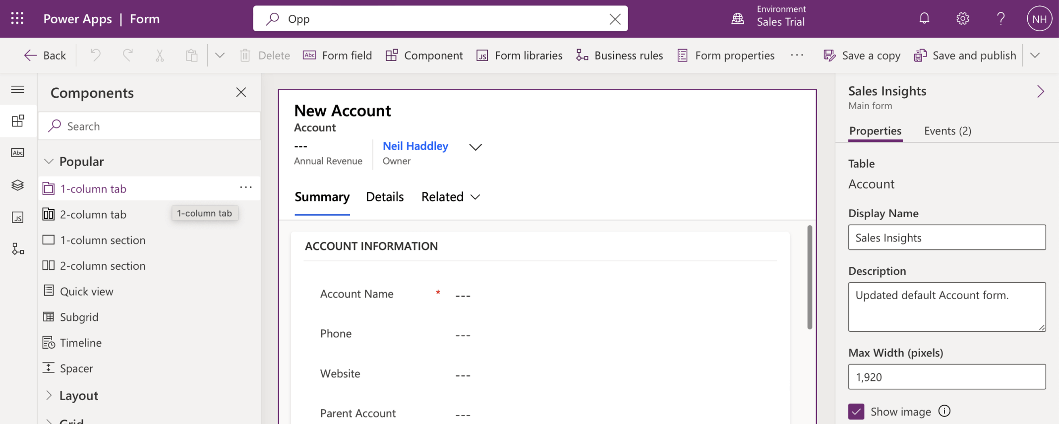 I added a 1-column tab to the Account table's Main form