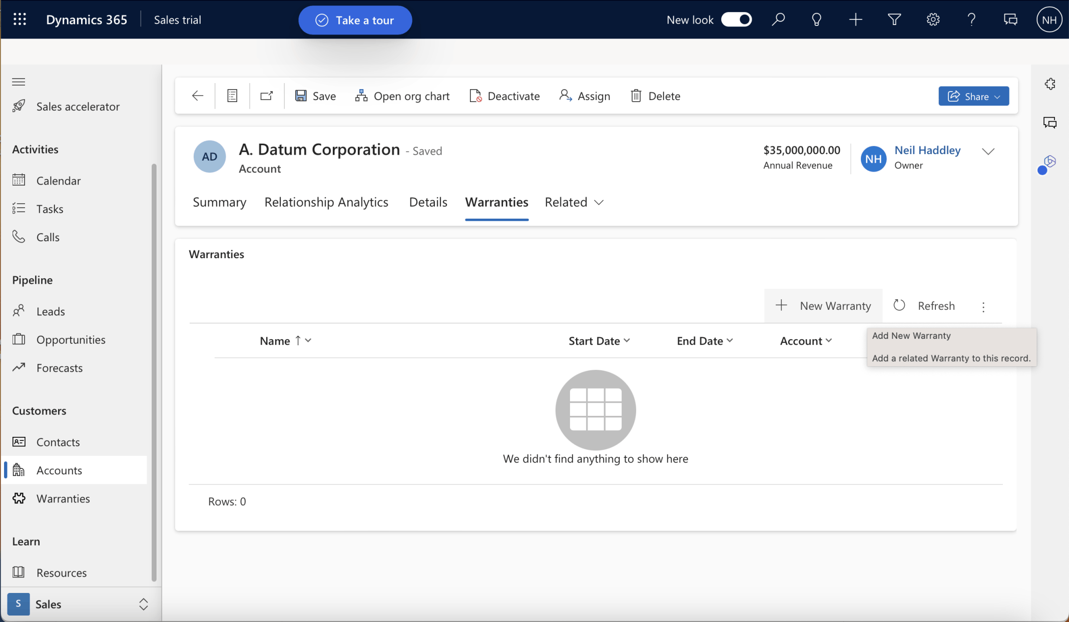 I can create a new Warranty (for the current Account) using the + New Warranty button
