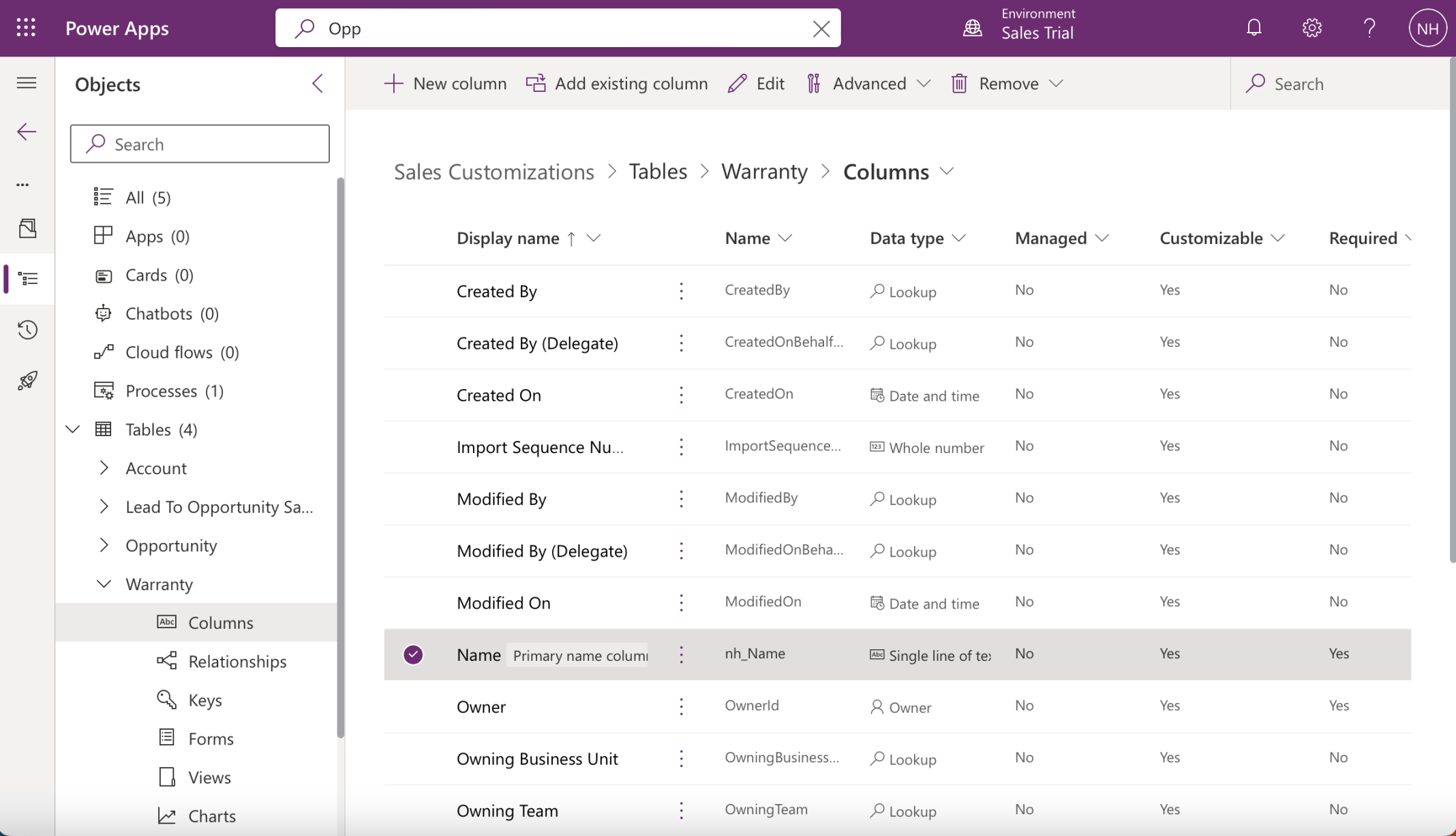 By default the name column is required single line of text