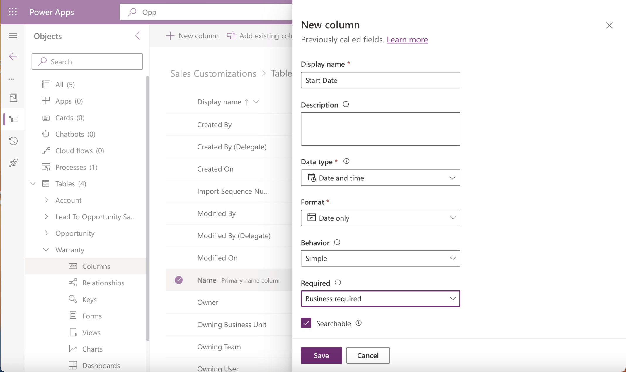 I added a required Start Date column