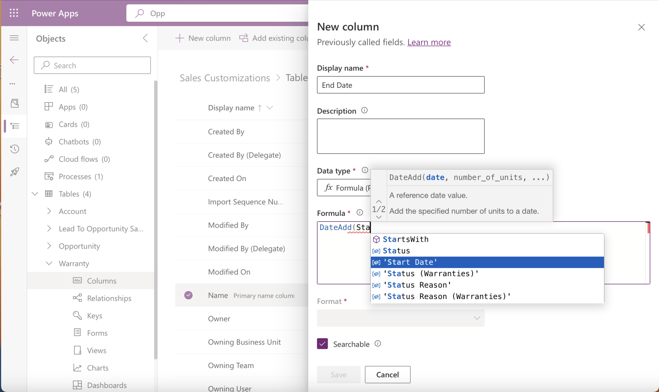 I added an End Date formula column