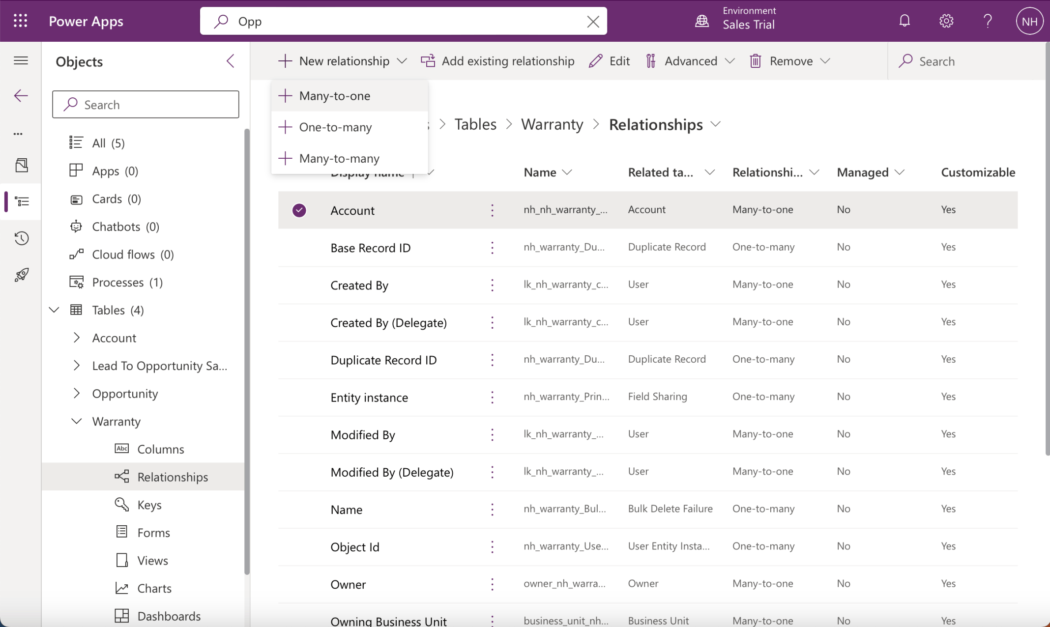 Adding the Account Lookup column creates a new Many-to-one relationship