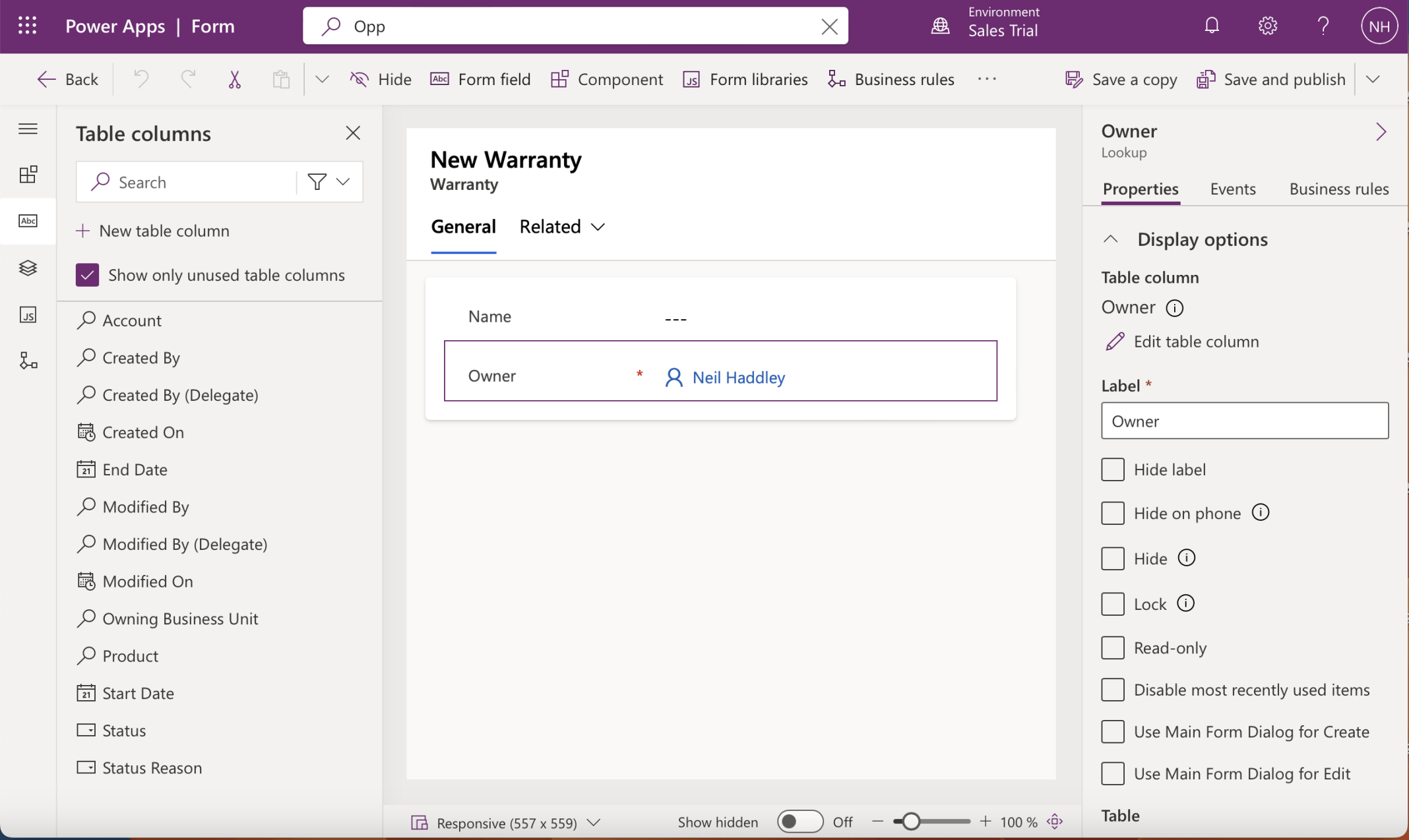 Initially the Main form only included the Name and Owner columns