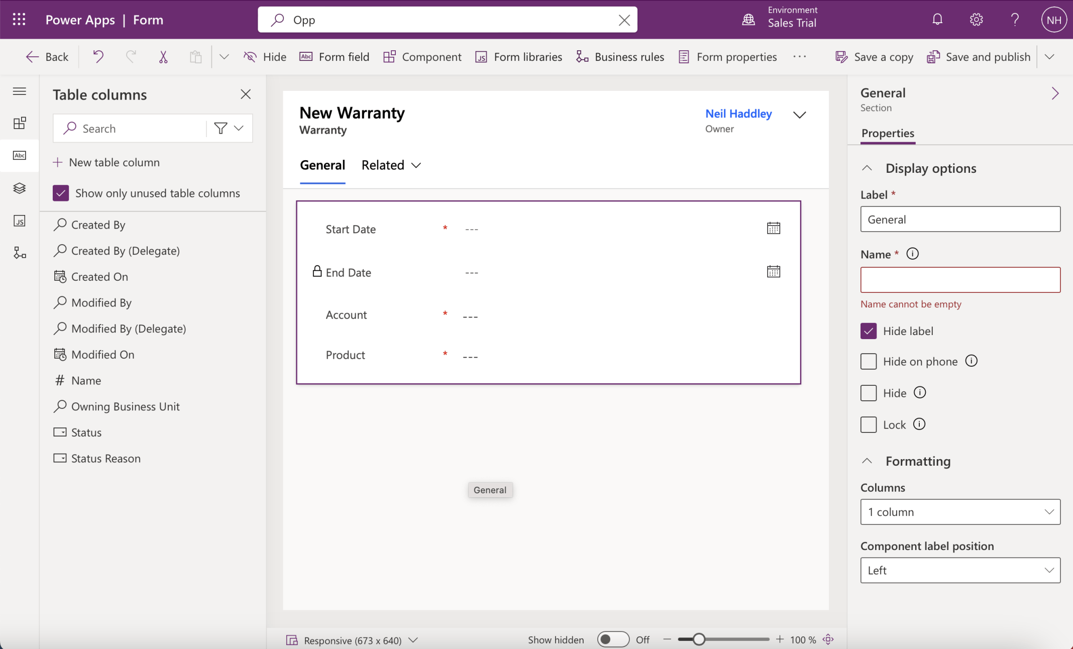 I moved the Owner Column to the form header and removed the Name column. I added the Start Date, End Date, Account and Product Columns