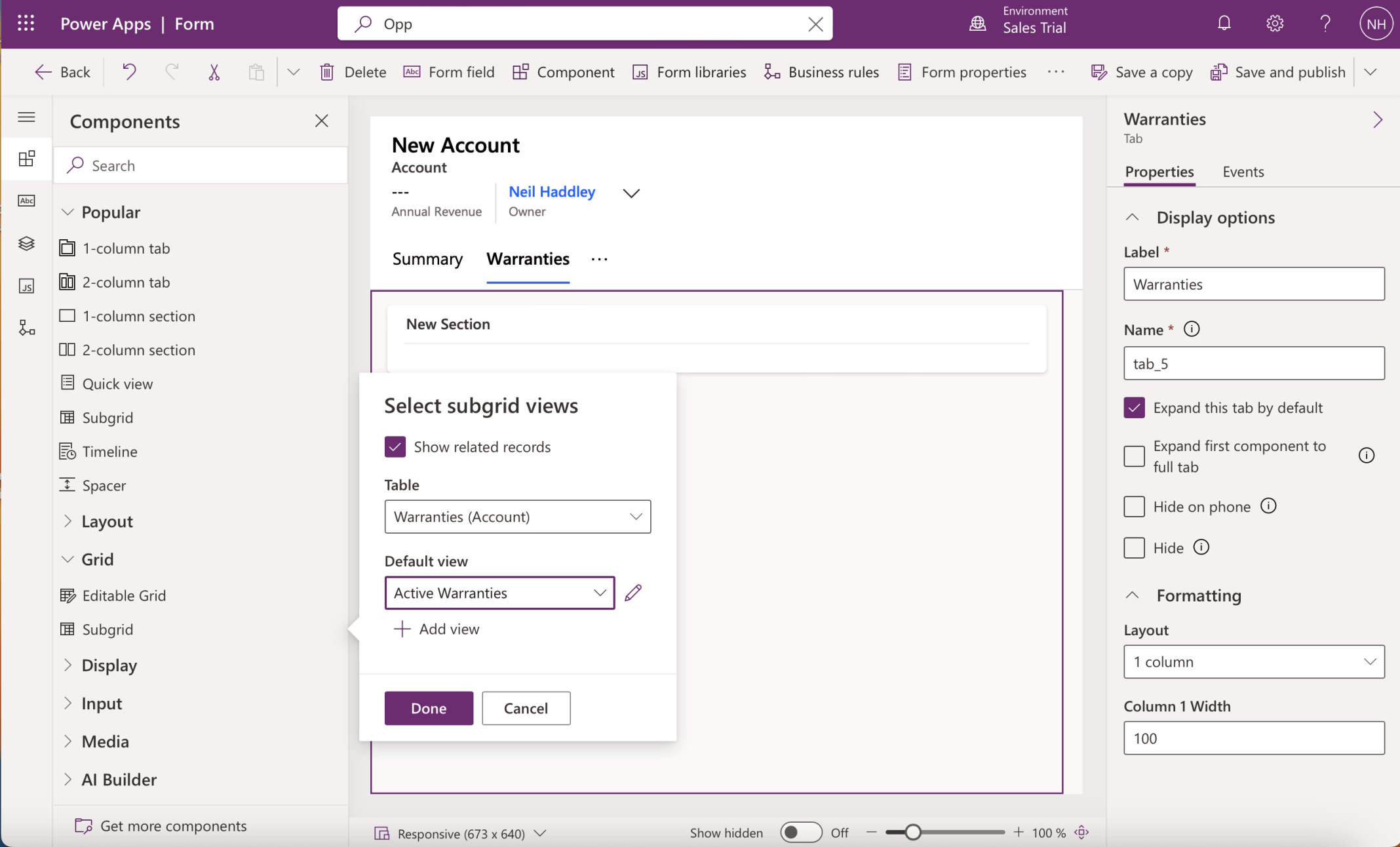 I added a subgrid to the new tab