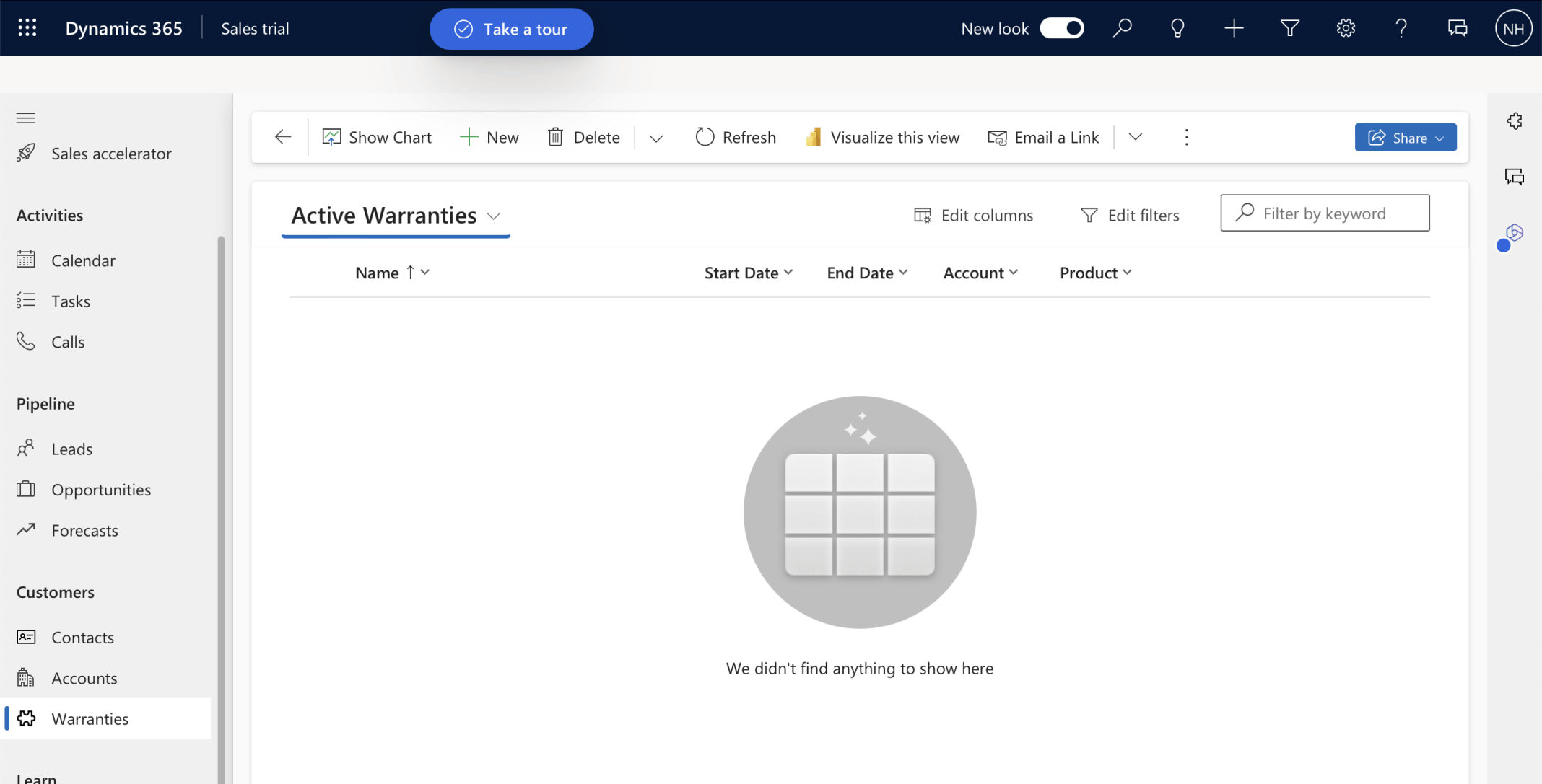The Sales Trial app now included a Warranties page