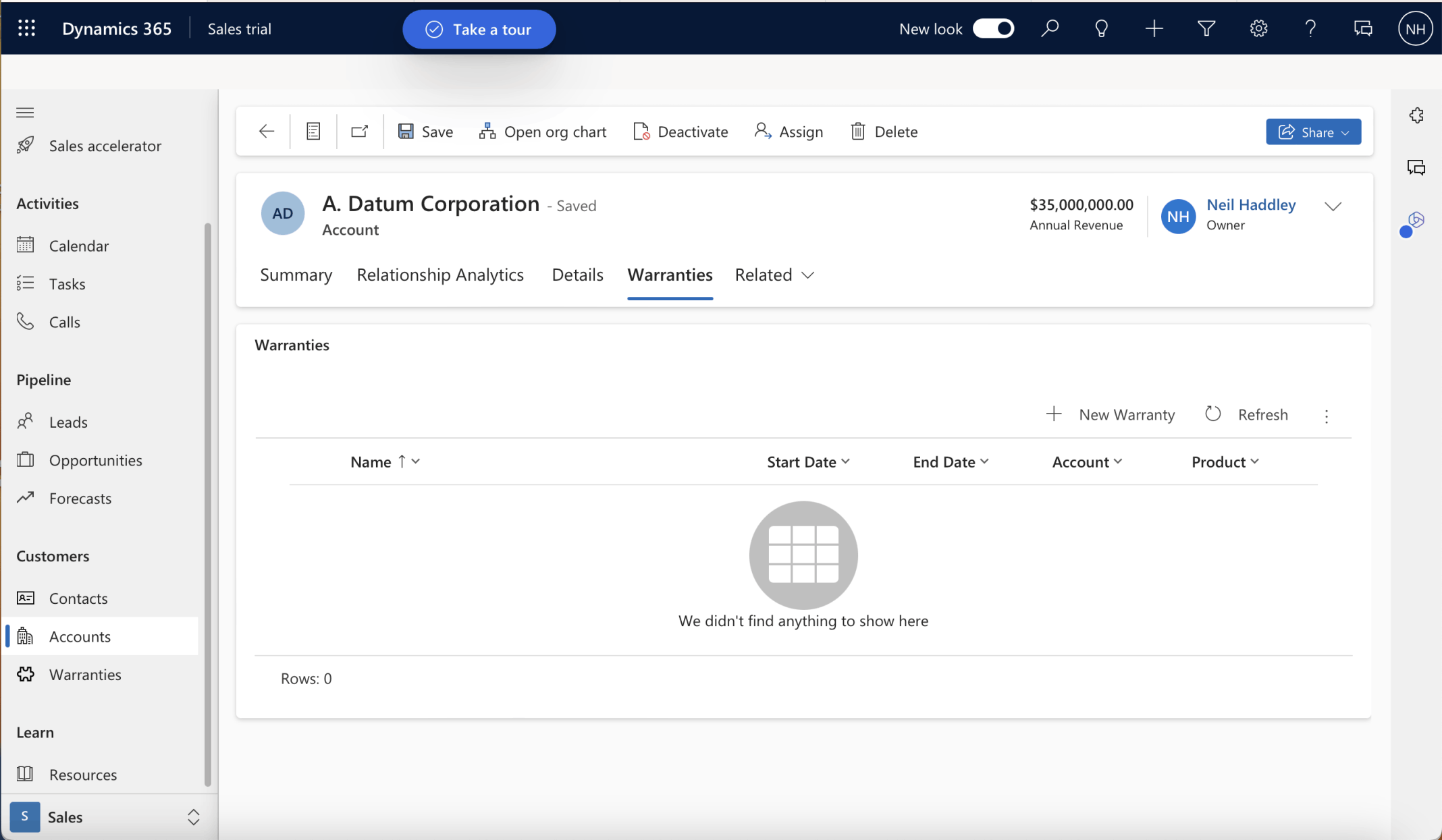 The Accounts page includes a Warranties tab