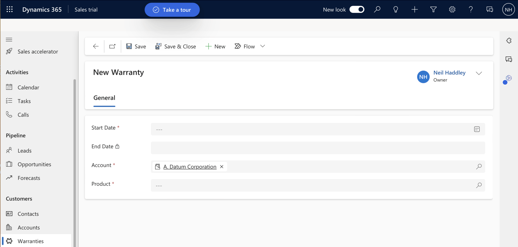 The Account is automatically filled in