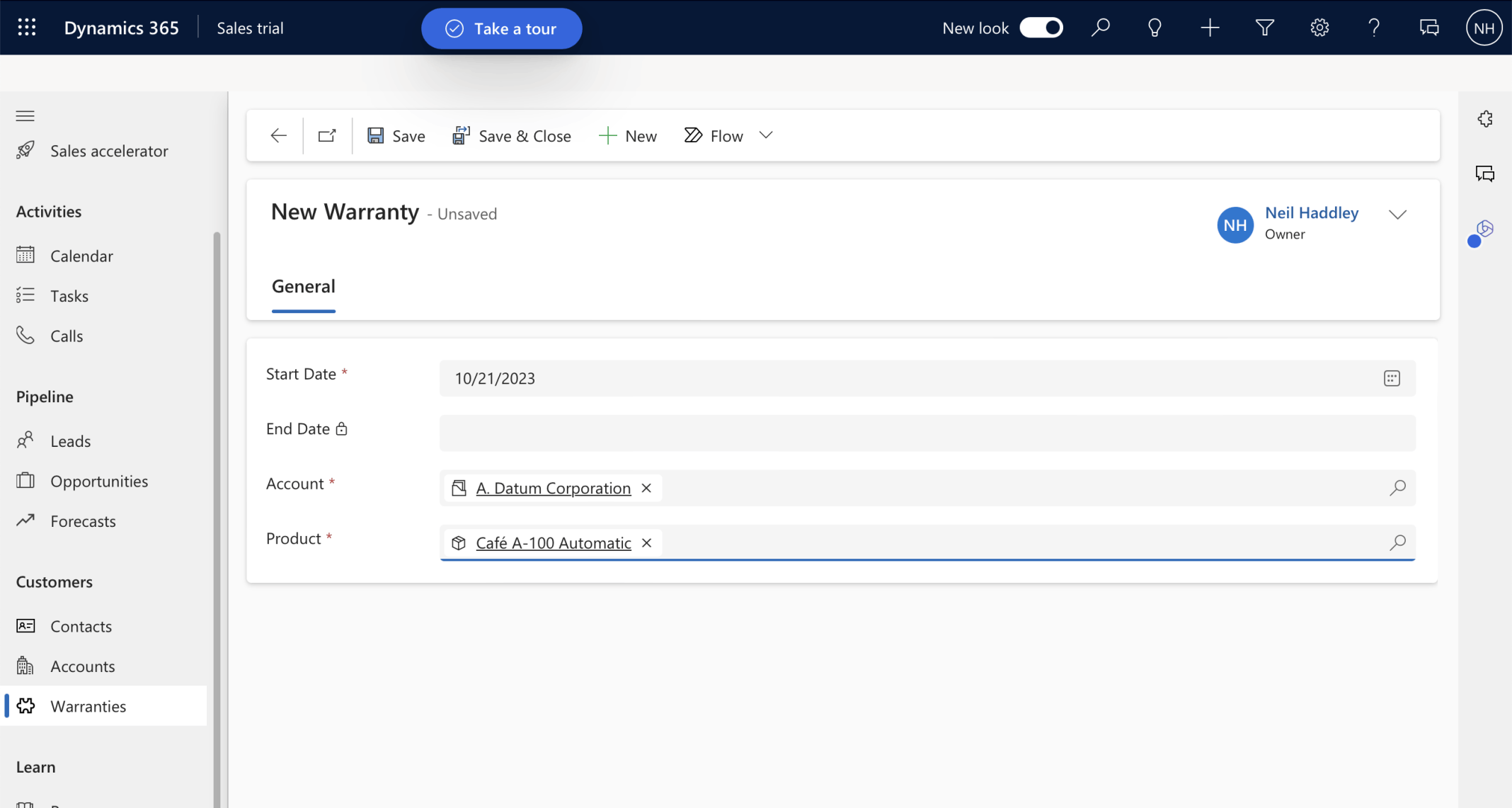 I entered the Start Date, selected a Product and clicked the Save button