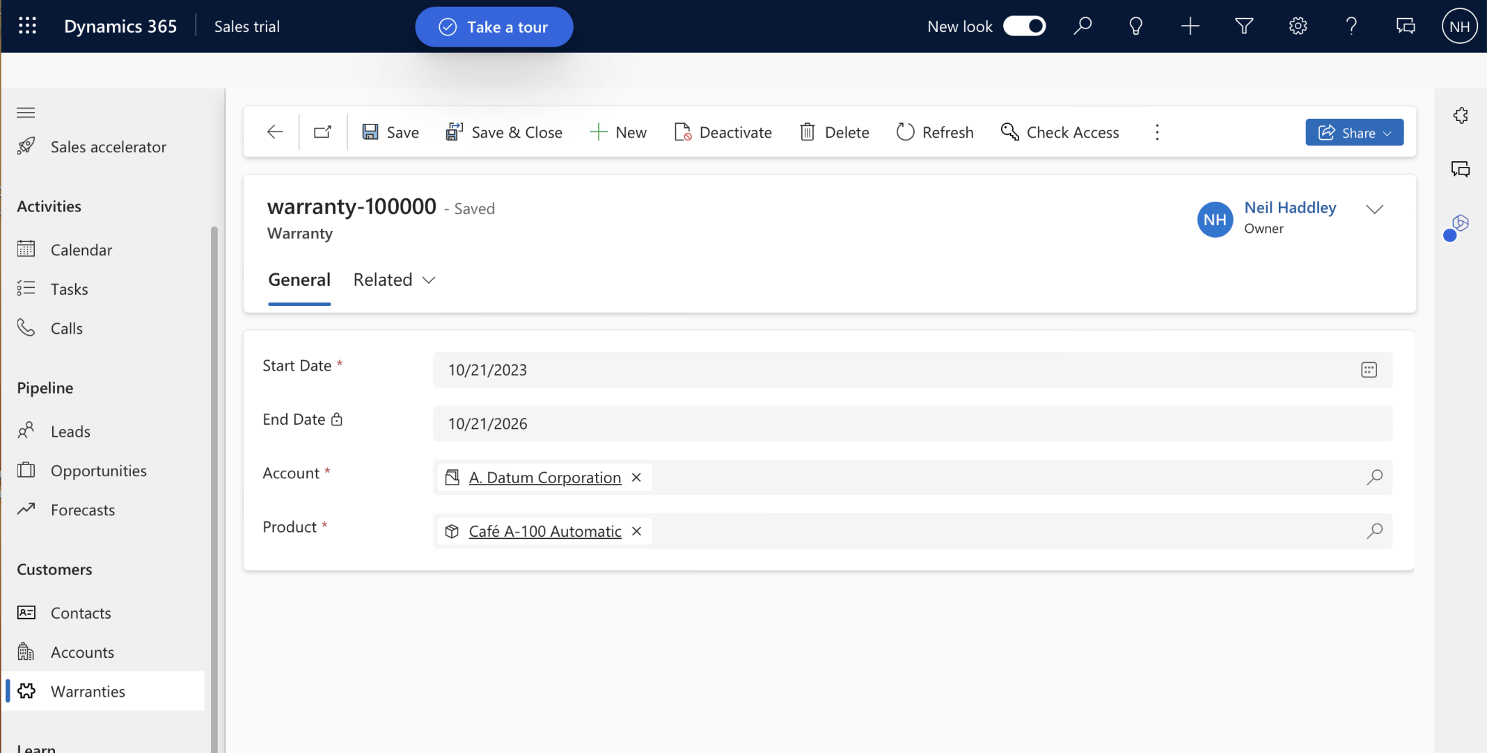 The new record is saved with the name "warranty-100000"
