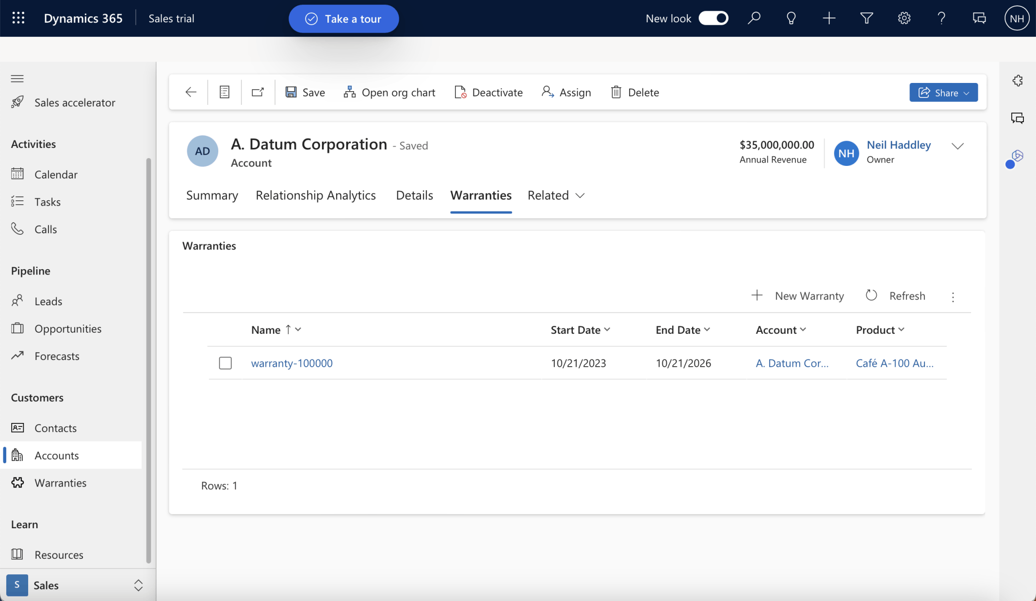 The Warranty is shown in the subgrid