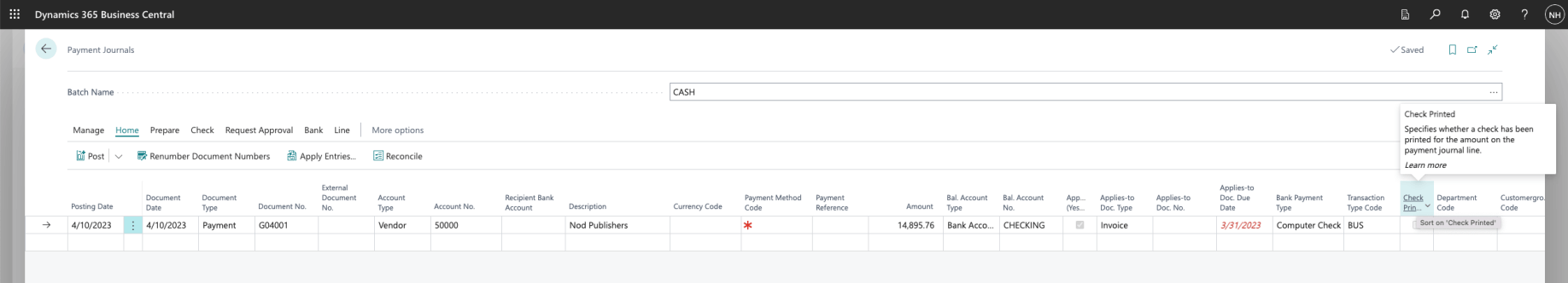 I noticed that the Check Printed value was false (unselected)