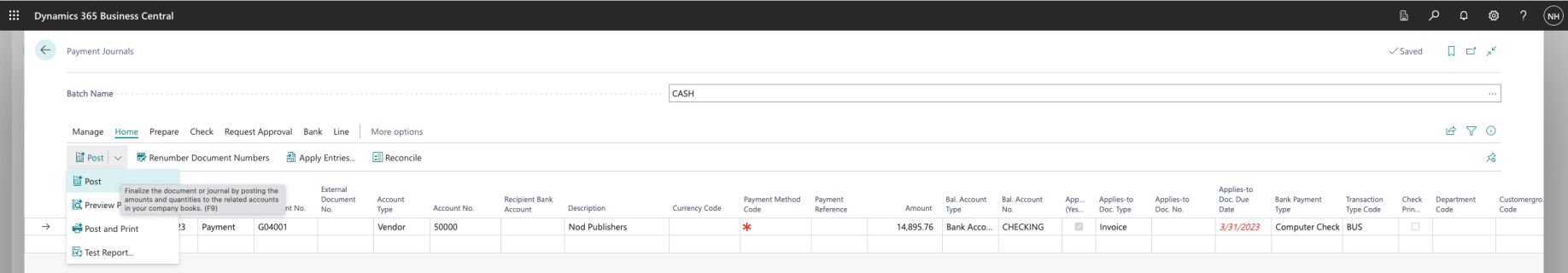 As a test I tried to Post the payment