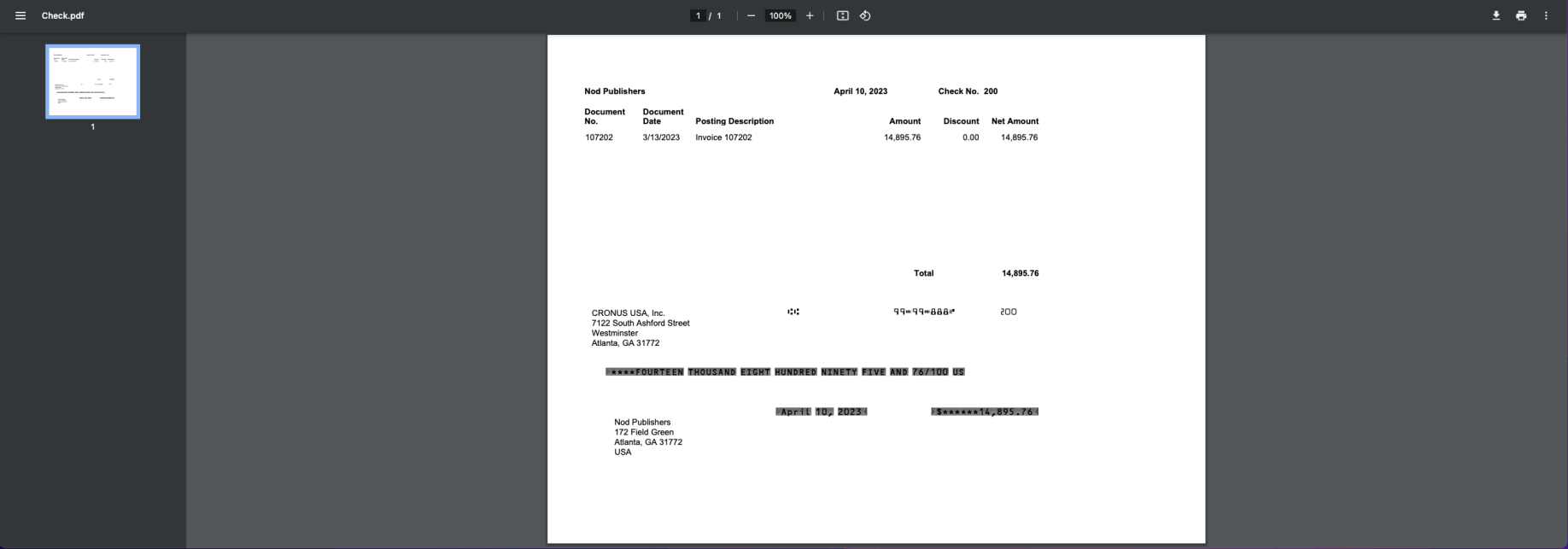 Business Central generated a one page pdf document (ready for me to print)