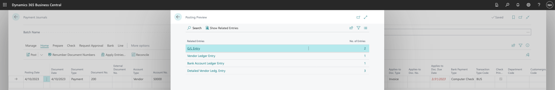 There were going to be two General Ledger Entries addedThere was going to be a Vendor Ledger Entry addedThere was going to be a Bank Account Ledger Entry addedThere were going to be three Detailed Vendor Ledger Entries added