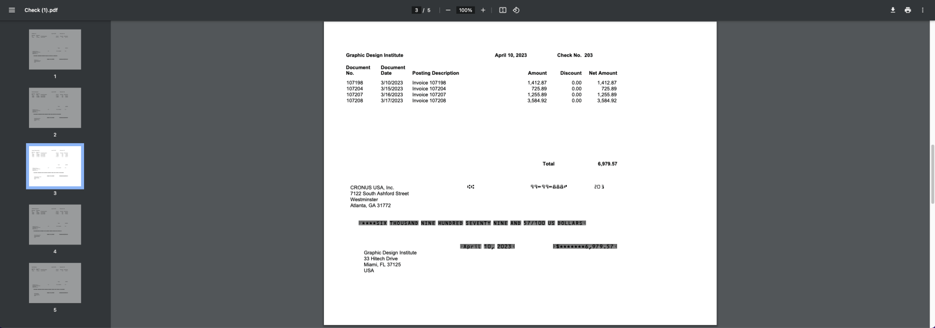 The result was a 5 page pdf file. Each page included the check details and the corresponding Vendor invoice details