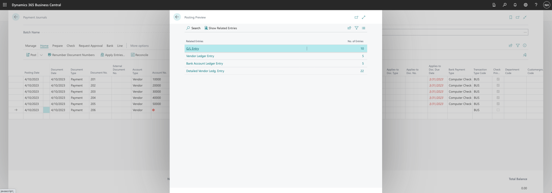 There were going to be ten General Ledger Entries addedThere were going to be five Vendor Ledger Entries addedThere was going to be five Bank Account Ledger Entries addedThere were going to be twenty two Detailed Vendor Ledger Entries added