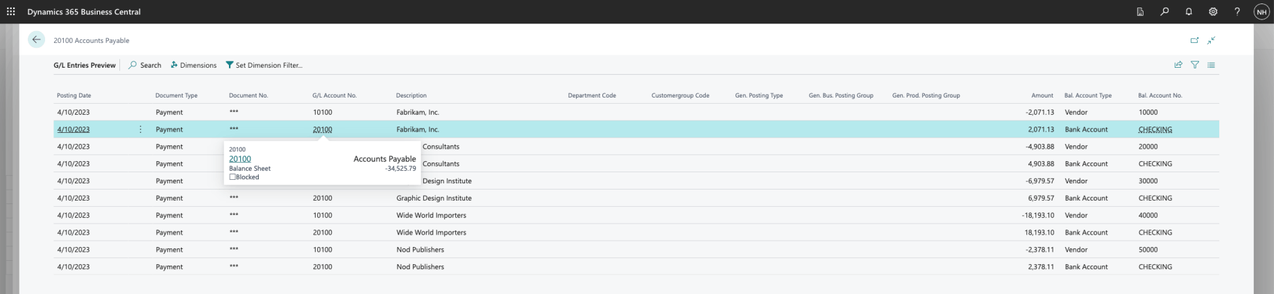 Five Debit entries were going to be added to the Accounts Payable Account (The size of the Liability would reduce)Notice that in each instance the name of the Vendor was added as a Description