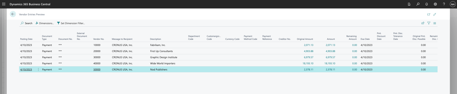 Five Debit entries were going to be added to the Vendor Ledger (one for each of the five Vendor Accounts)