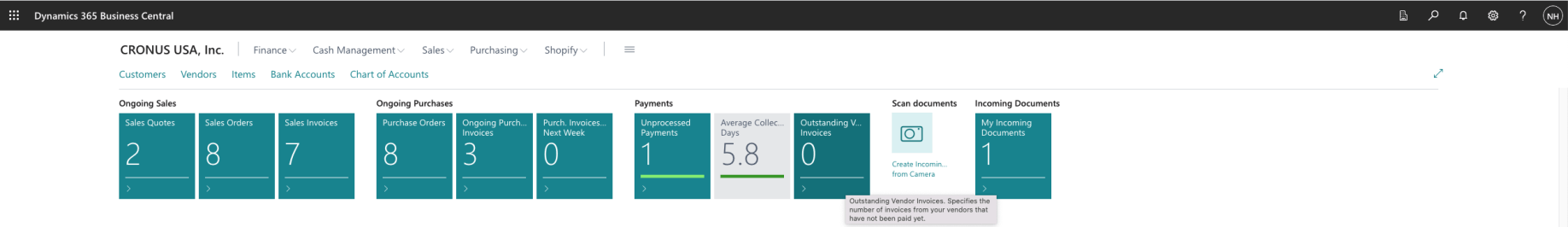 The Outstanding Vendor Invoices count was reduced to 0