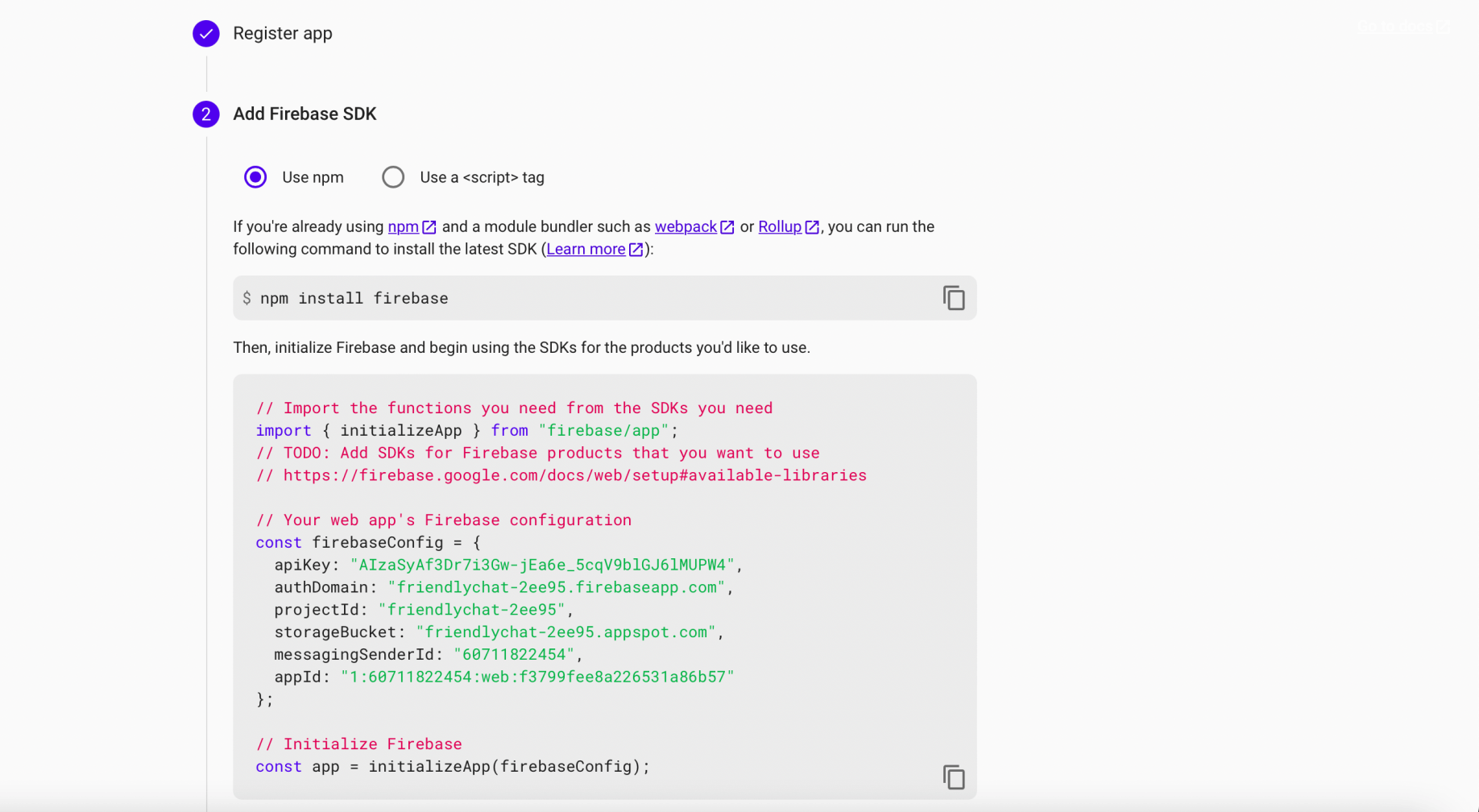 Add Firebase SDK instructions