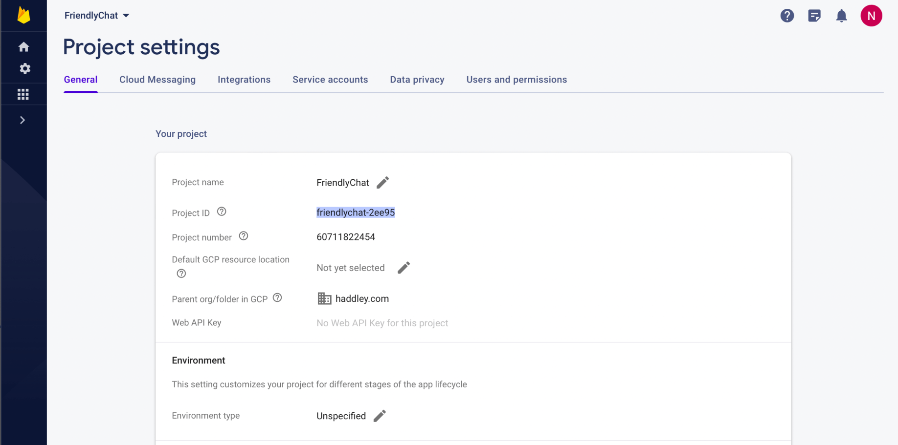 Project ID is friendlychat-2ee95