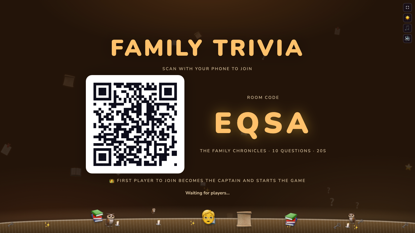 The TV becomes the room's single source of truth the moment it creates a room — a QR code and a 4-letter code are all a phone needs to join