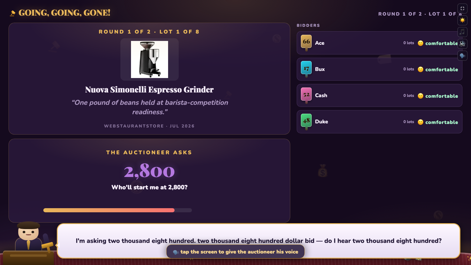 The banner names the actual cause rather than leaving the room to guess — this is the attract mode, gesture-gated exactly like a fresh visitor would be: "tap the screen to give the auctioneer his voice"