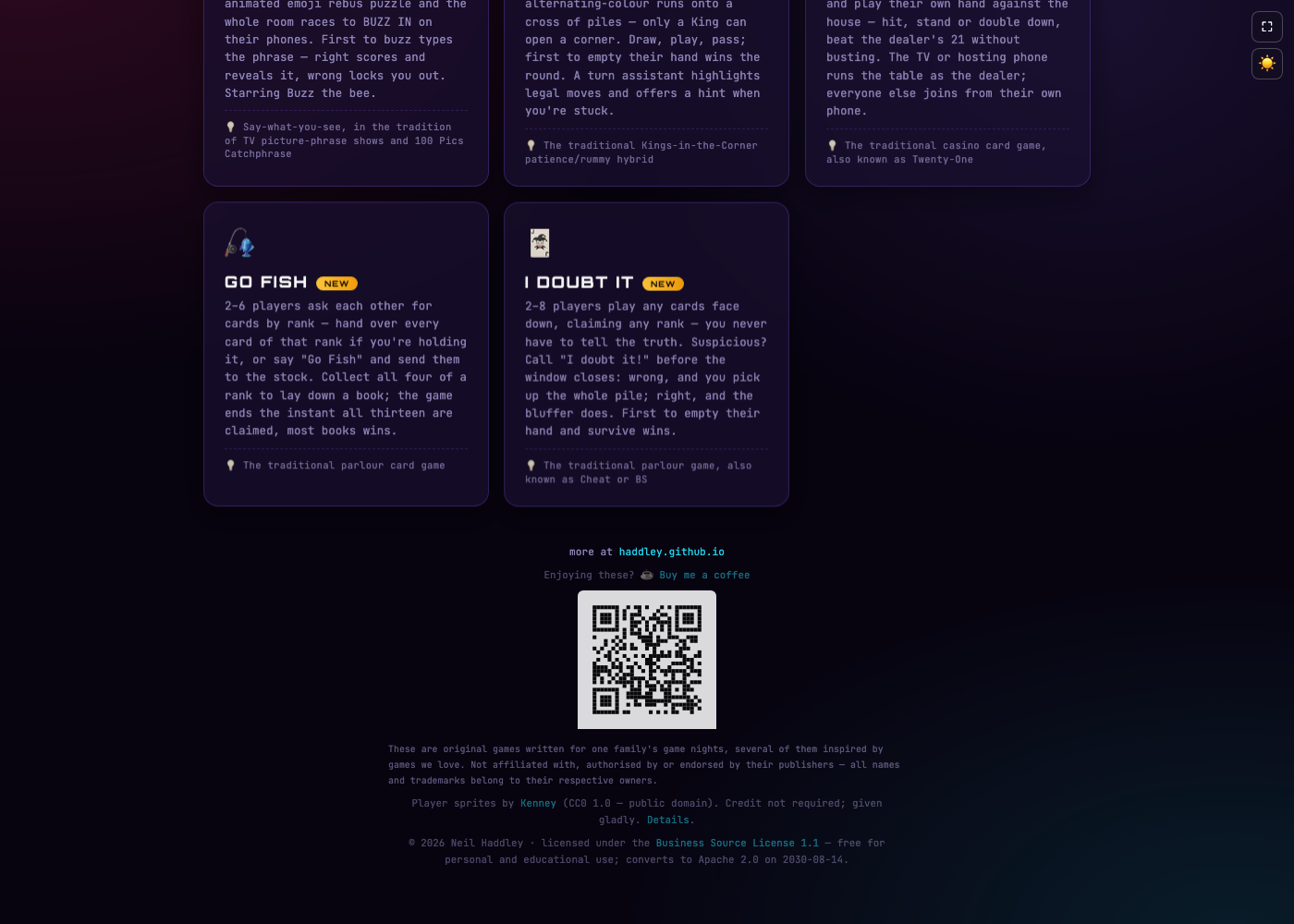 The footer on the launcher page — the Buy Me a Coffee link and its QR code, each tracked separately