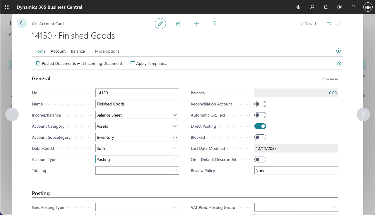 I created a Finished Goods asset account