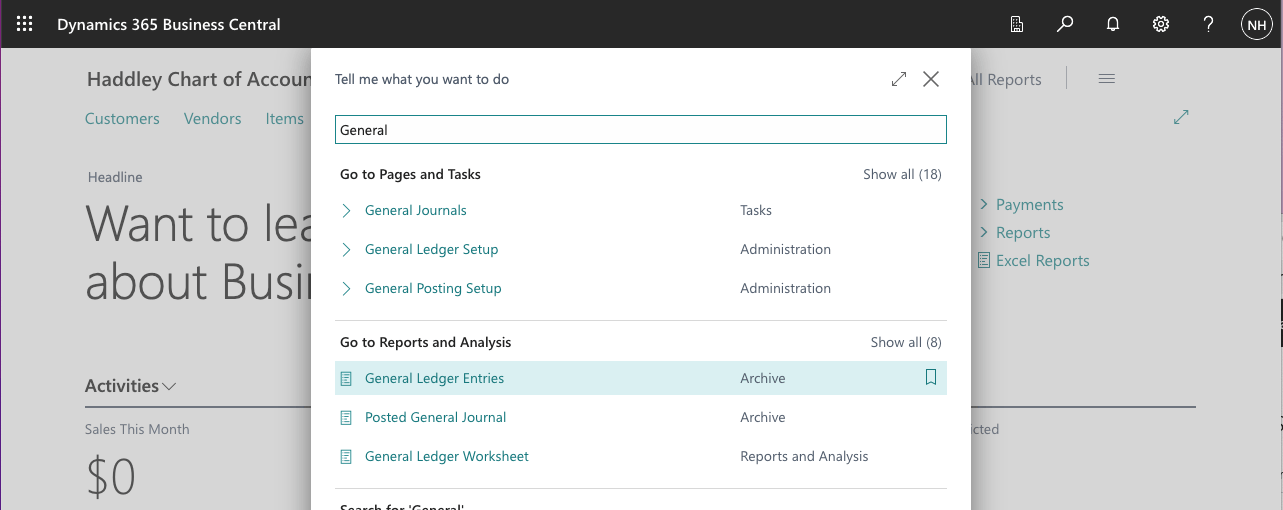 I used search to navigate to the General Ledger Entries (Archive) page