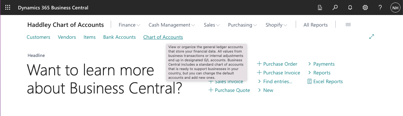 I clicked on the Chart of Accounts link to navigate to the Chart of Accounts page