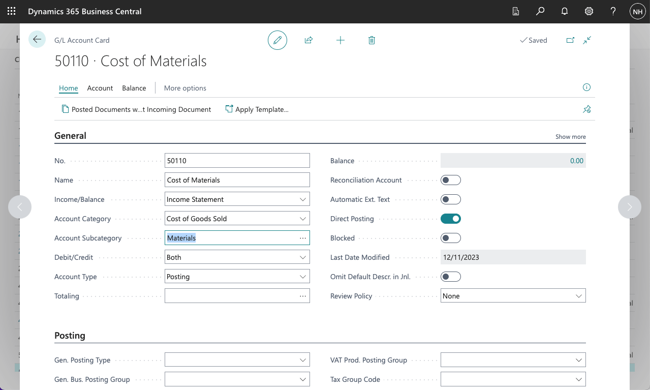 I added a Cost of Materials account