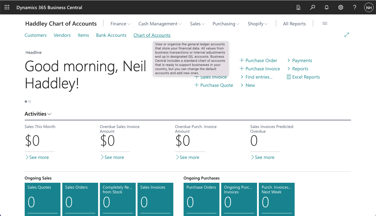 I navigated to the new company and clicked on the Chart of Accounts link