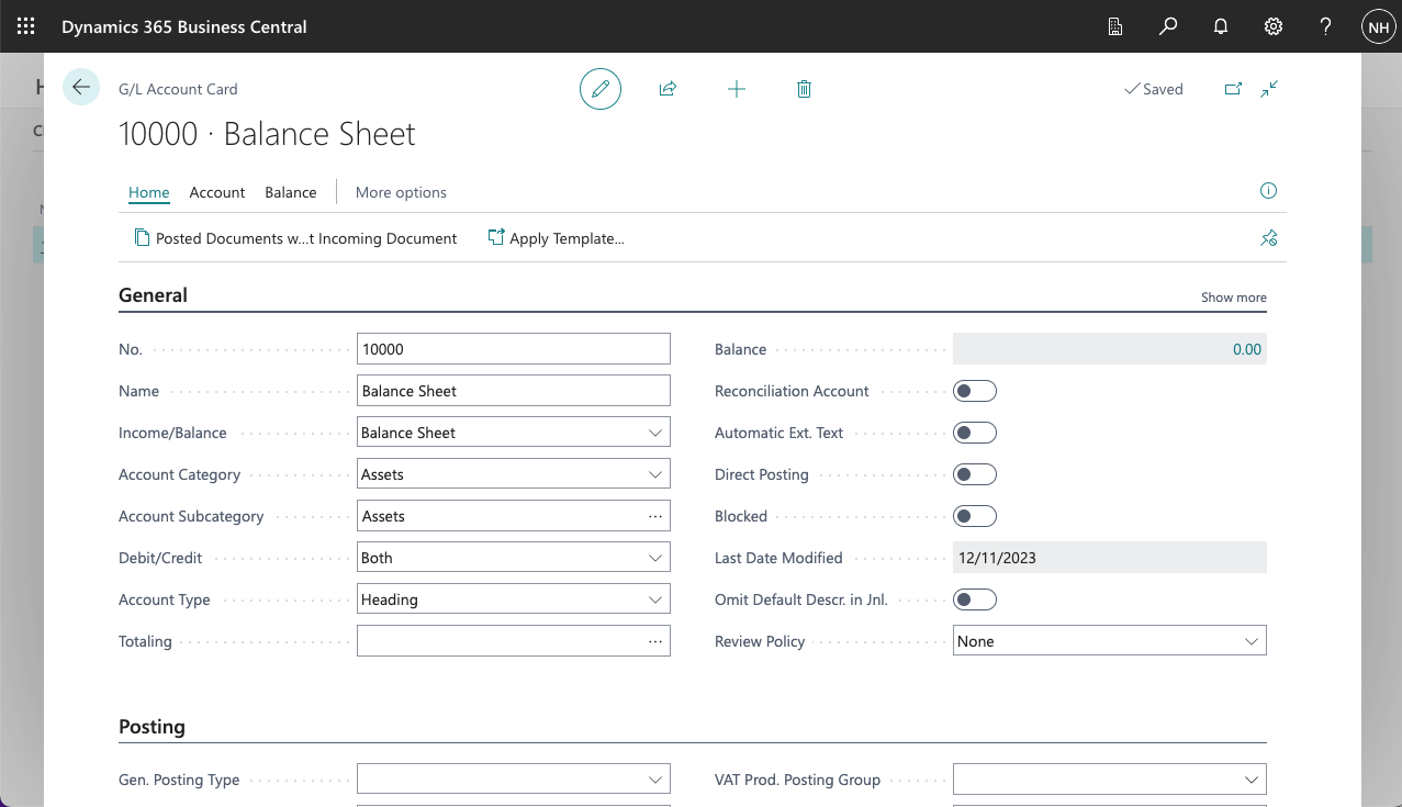 I added a Balance Sheet Heading