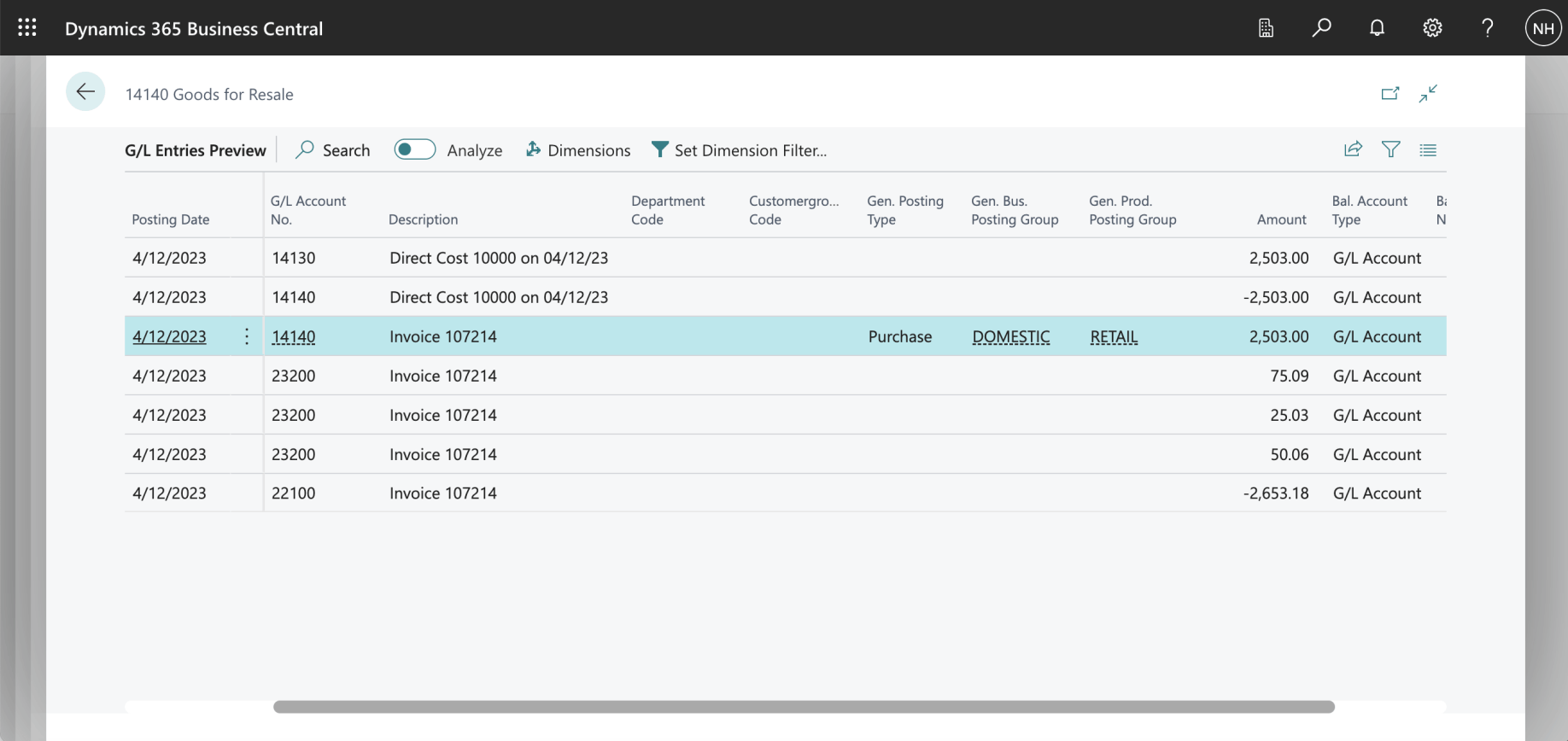Example of ledger entries generated when we buy a RETAIL item from a DOMESTIC vendor.