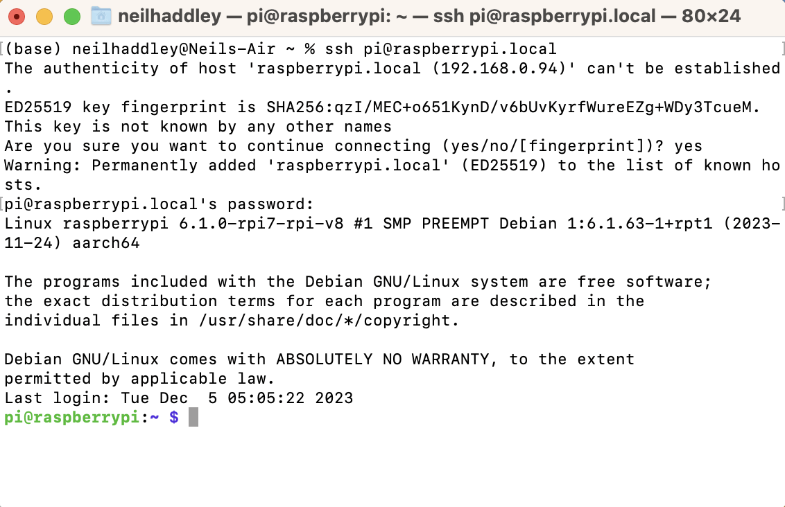 I connected to the Raspberry Pi using secure shell (ssh)