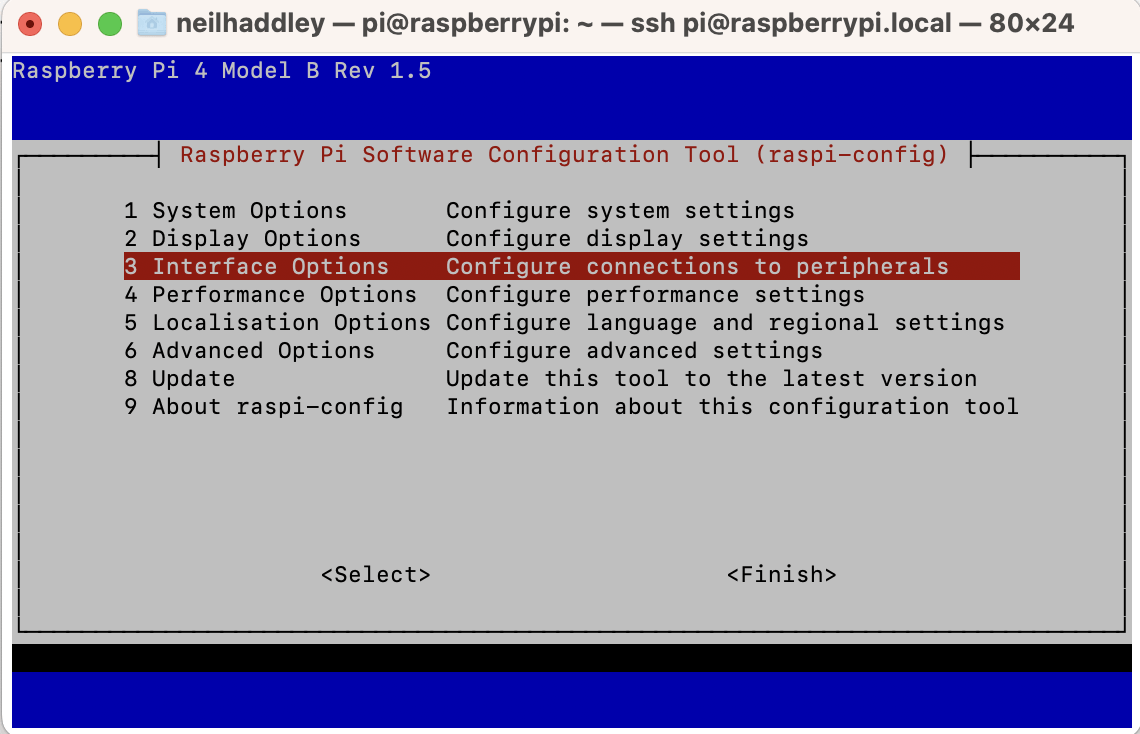 I ran $ sudo raspi-configI selected the Interface Options menu option