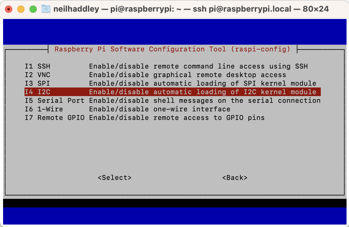I selected the I2C menu option