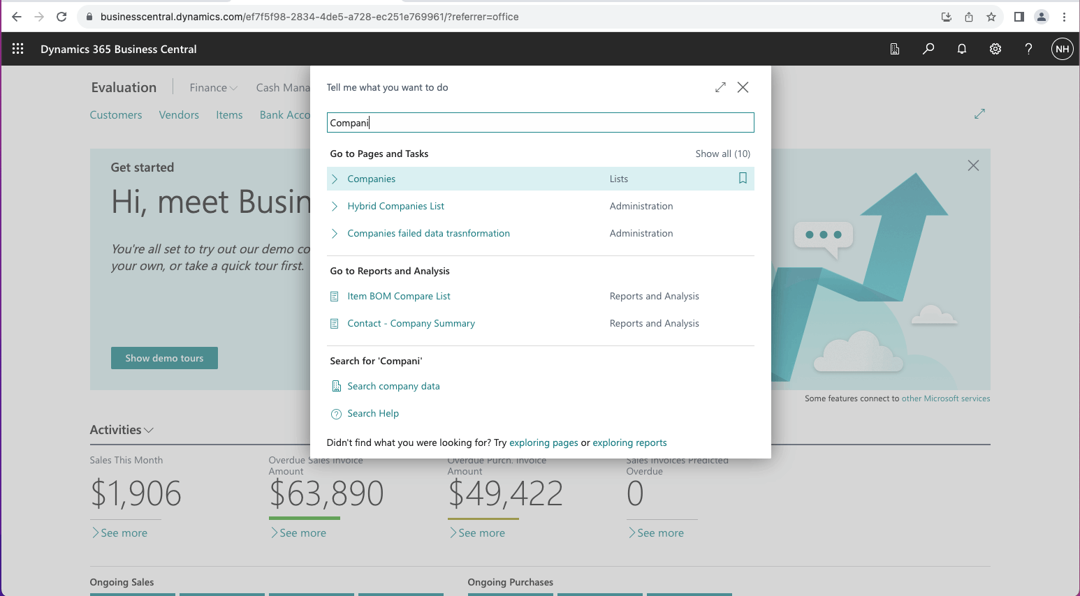 I clicked the search button 🔍 in the top-right corner of the page to open the "Tell me what you want to do" dialog. I entered "Compan" and clicked the Companies link.