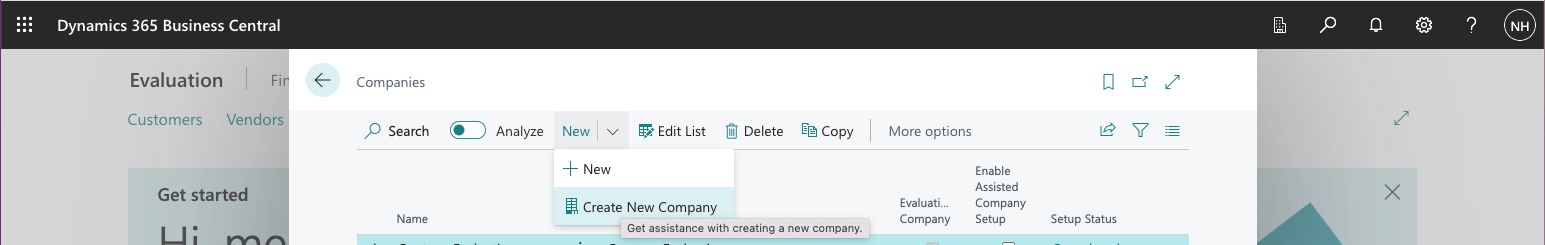 I clicked New and selected the Create New Company button