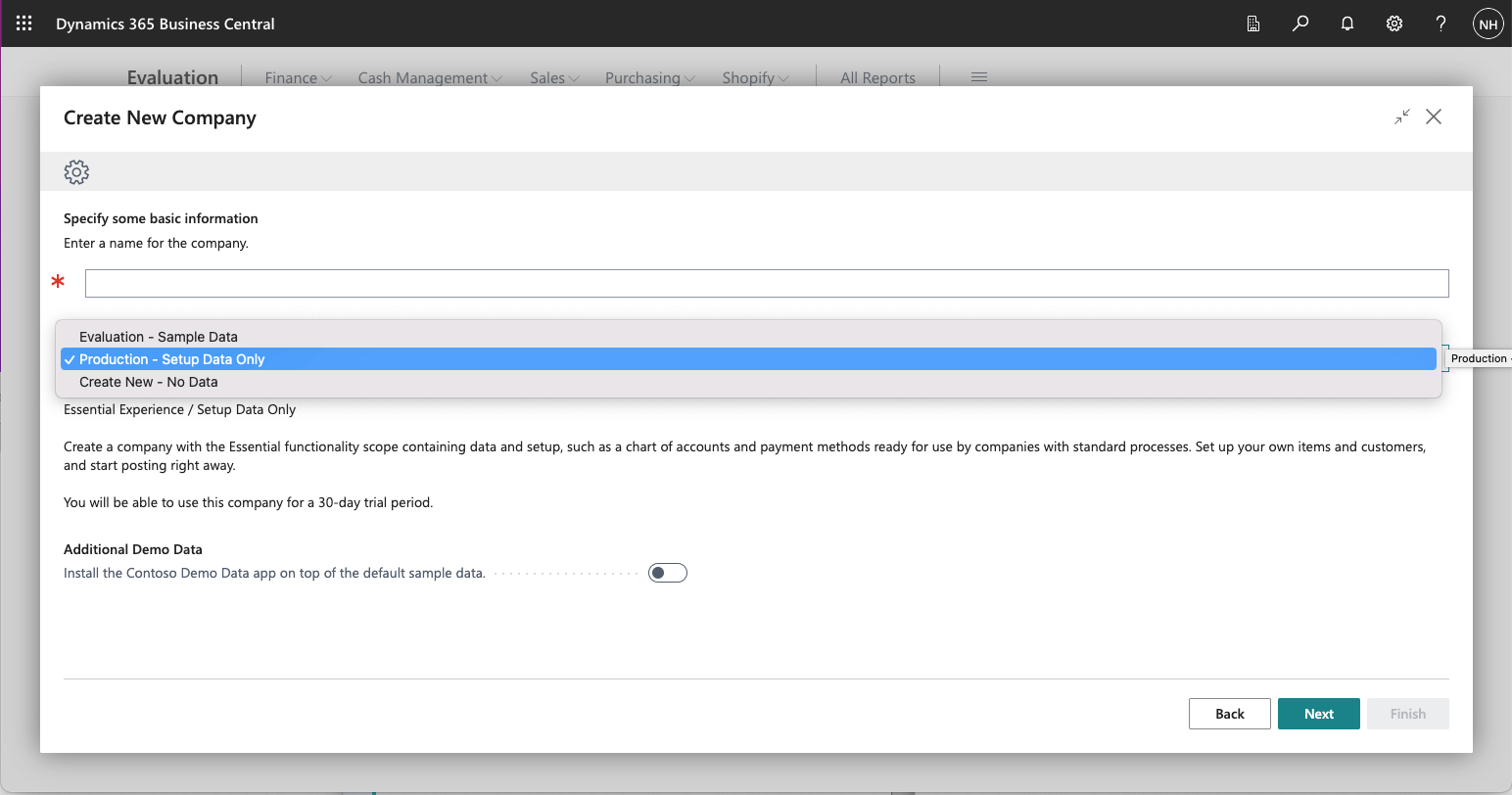 I selected the Production – Setup Data Only option