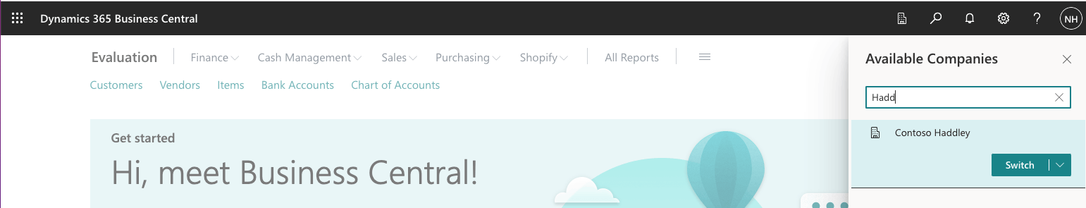 I selected the Contoso Haddley company and clicked the Switch button