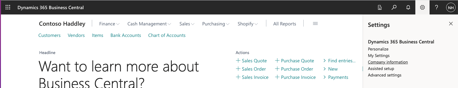 I clicked the gear icon and clicked the Company information link