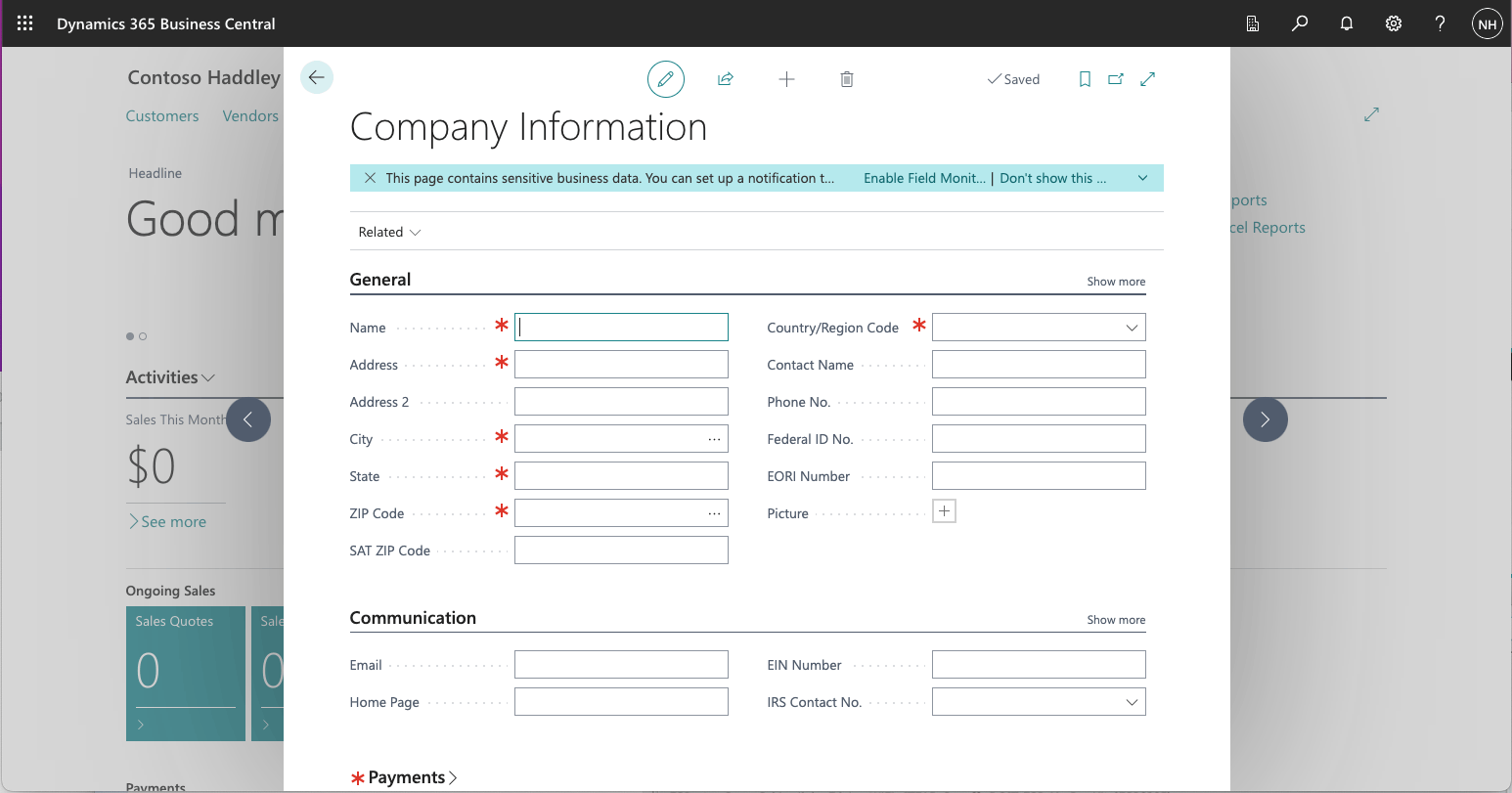 A Company Information page was opened